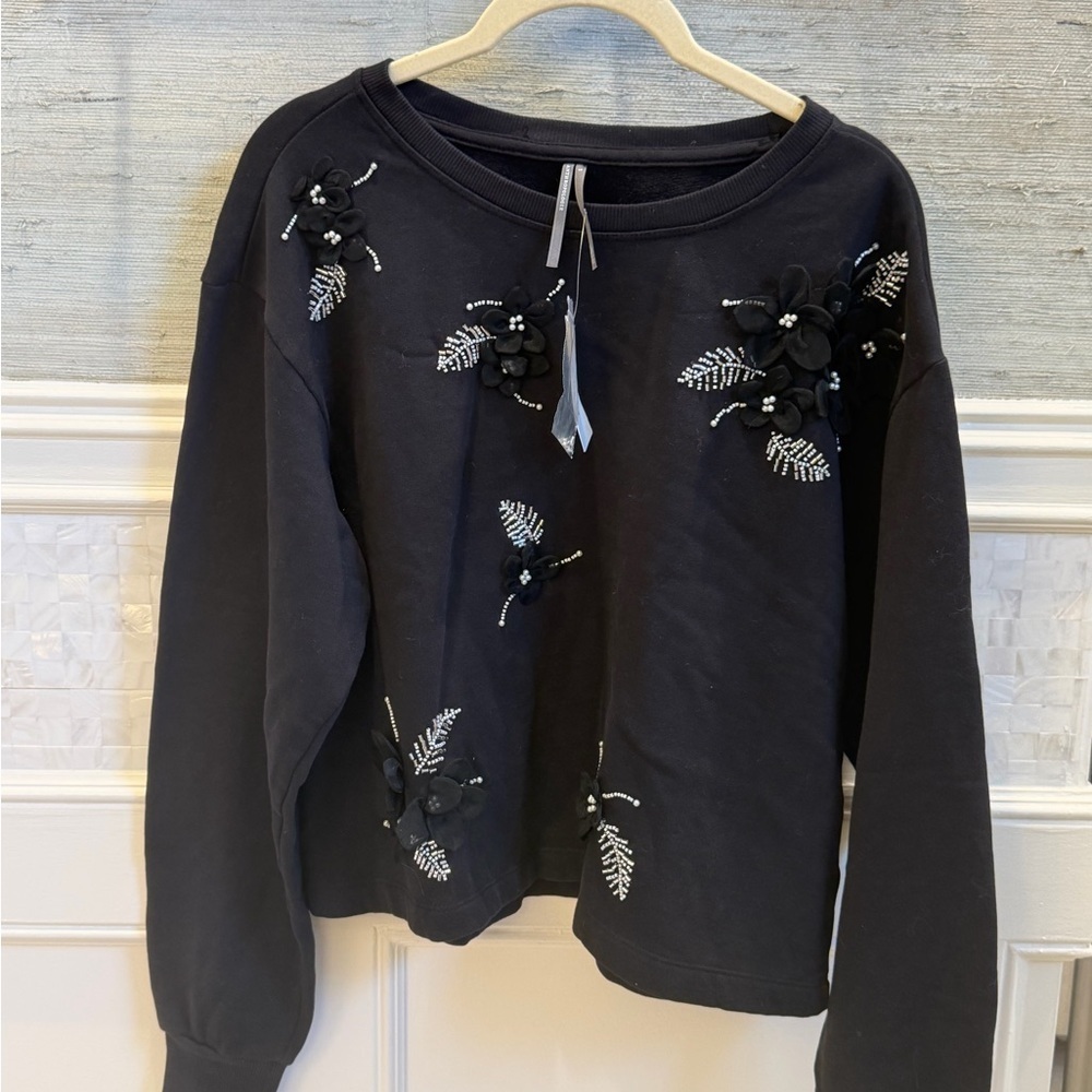 NWT new small Anthropologie Black Embellished Crew-Neck Sweatshirt beaded - Picture 3 of 17